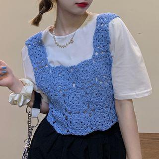 Short-sleeve Plain T-shirt / Lace Vest