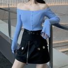 Off-shoulder Long-sleeve Knit Top / Zip Detail Mini A-line Skirt