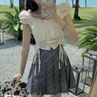 Short-sleeve Drawstring Blouse / Plaid Mini Pleated Skirt
