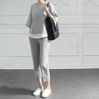 Set: Mock Two-piece Elbow-sleeve T-shirt + Straight Leg Capri Pants