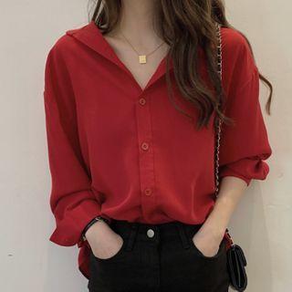 Plain Chiffon Long-sleeve Blouse Red - One Size