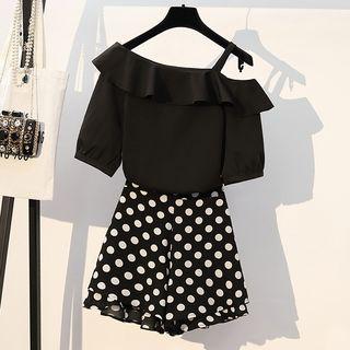 Set: Elbow-sleeve Cold Shoulder Ruffled Top + Polka Dot Shorts