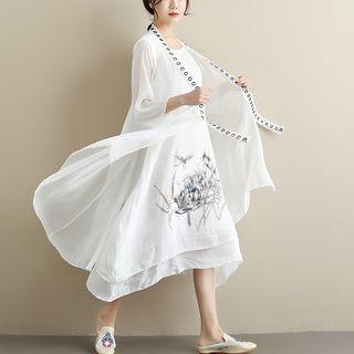 Open-front Long Jacket / Printed Sleeveless Midi Dress