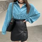 Long-sleeve Shirt / Faux Leather Mini Fitted Skirt