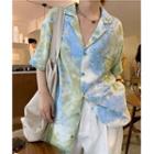 Short-sleeve Tie-dyed Loose-fit Shirt Blue & Green - One Size