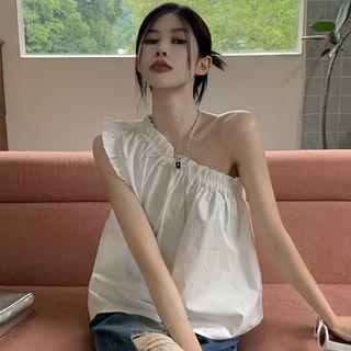 Sleeveless Frill Trim Asymmetrical Plain Blouse