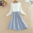 Off-shoulder Lace Long-sleeve Top / High Waist A-line Skirt / Set