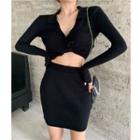 Plain Slim-fit Cardigan / Slim-fit Mini Skirt
