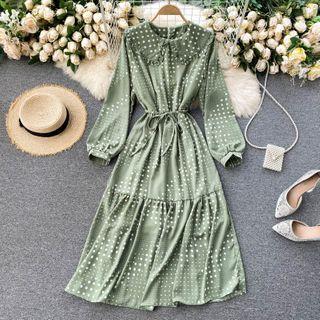 Long-sleeve Lapel Dots Dress