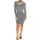 Long-sleeve Mock-neck Houndstooth Cutout Sheath Dress