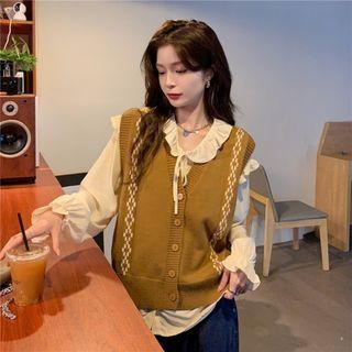 Ruffle Blouse / Patterned Button-up Sweater Vest