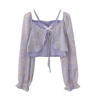 Off Shoulder Mock Two Piece Floral Mesh Bow Top