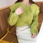 Frilled Trim Collar Lace-up Blouse Green - One Size
