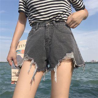 Distressed High-waist Fringed Denim Shorts