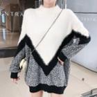 Mock-neck Paneled Sweater Black & White & Beige - One Size