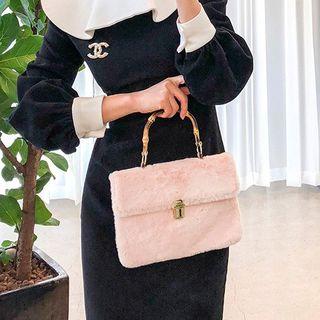Bamboo-handle Faux-suede Satchel