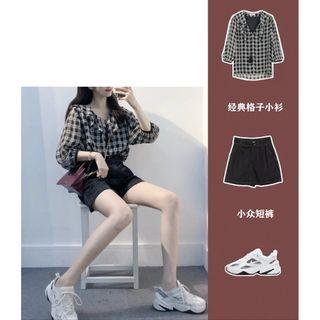 Set: 3/4-sleeve Plaid Sheer Blouse + Shorts