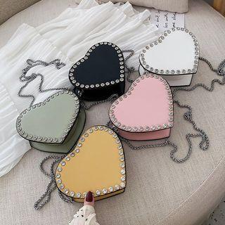 Rhinestone Heart Faux Leather Crossbody Bag