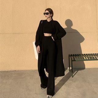 Long-sleeve Knit Crop Top / Pants / Long Open-front Cardigan