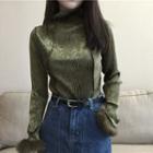 Faux Fur Cuff Long-sleeve Mock-neck Top