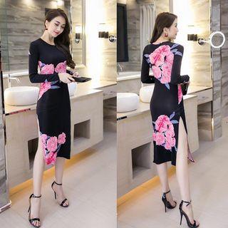Long-sleeve Floral Print Slit Dress