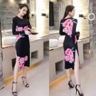 Long-sleeve Floral Print Slit Dress