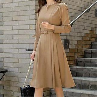 Puff-shoulder Pintuck-waist Dress With Belt