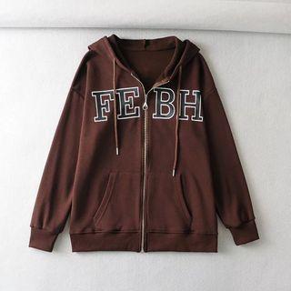 Lettering Long-sleeve Zip-up Hooded Jacket Coffee - One Size