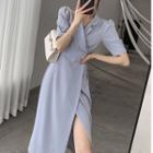 Short-sleeve Notch Lapel Slit Midi A-line Dress