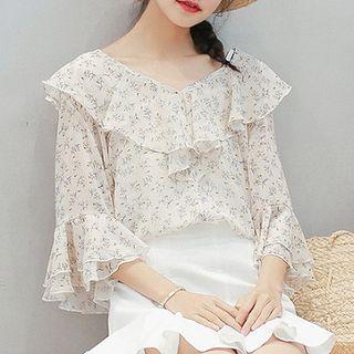 Floral Print V-neck Ruffled-trim Loose-fit Top