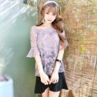 Set: Elbow-sleeve Lace Top + Camisole + A-line Skirt