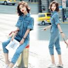 Short Sleeve Button-up Denim Cropped Jumpsuit