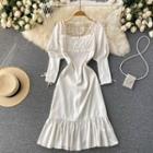 Square-neck Open-back Ruched Lantern-sleeve Mermaid Dress