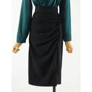 Wrap Shirt / Shirred Midi Pencil Skirt