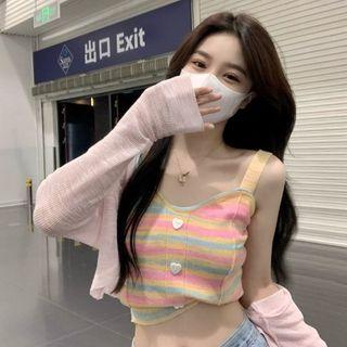 Striped Button-up Camisole Top Pink & Yellow & Light Blue - One Size