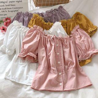 Off-shoulder Lace-trim Puff-sleeve Blouse
