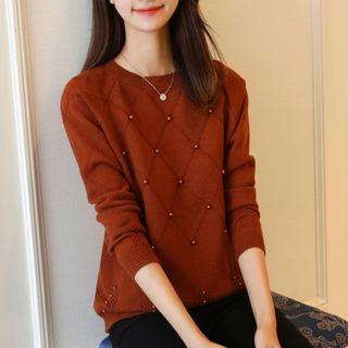 Long-sleeve Beaded Plain Sweater