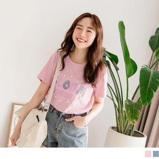 Short-sleeve Lettering Beaded Top