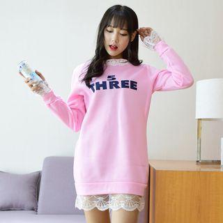 Lettering Lace Hem Long Pullover