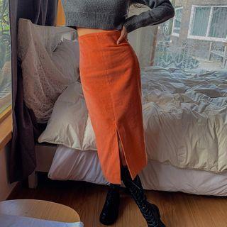 High-waist Slit-front Corduroy Skirt