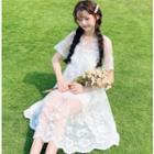 Set: Short-sleeve Lace Dress + Slipdress Short-sleeve Dress - White - One Size / Slipdress - White - One Size