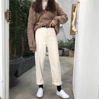 Plain High-waist Loose-fit Straight-leg Jeans