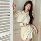 Set - Puff-sleeve Cropped Top + Ruffle Skirt