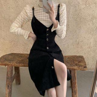 Mock-neck Lace Top / Spaghetti Strap Midi A-line Dress
