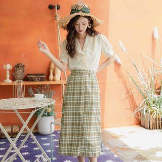 Set: Ruffle Trim Short-sleeve Blouse + Plaid Midi Straight-fit Skirt