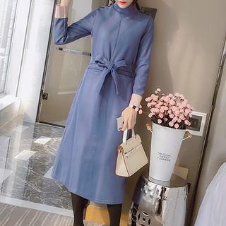 Long-sleeve Mock Neck Midi Dress With Sash