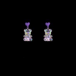 Bear Drop Sterling Silver Ear Stud 1 Pair - S925 Silver Needle - Iridescent Bear & Love Heart - Purple - One Size