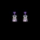 Bear Drop Sterling Silver Ear Stud 1 Pair - S925 Silver Needle - Iridescent Bear & Love Heart - Purple - One Size