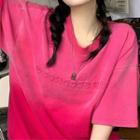 Elbow-sleeve Tie Dye Lettering T-shirt Rose Pink - One Size