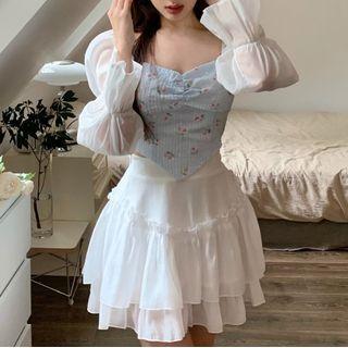Long-sleeve Floral Crop Top / Mini Skirt